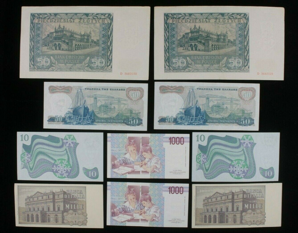 Sequential Serial Numbers 10-Notes Currency Lot // Greece Italy Poland & Sweden