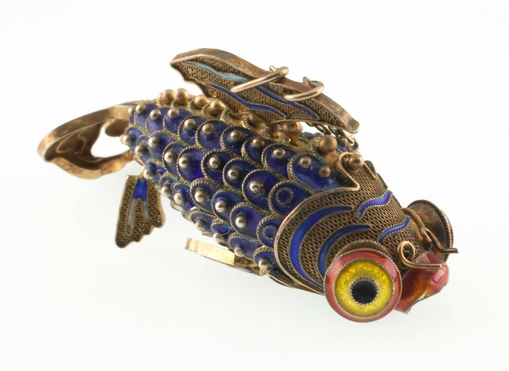 Vermeil Vintage 1920s Chinese Articulated Cloissone Filigree Koi Fish Pendant