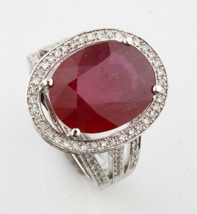 Ruby and Diamond Halo 14k White Gold Cocktail Ring Size 6.75