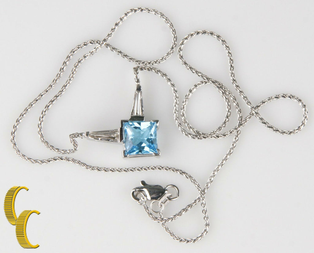 Blue Topaz Princess Cut Solitaire Pendant with Diamonds and 14k White Gold Chain