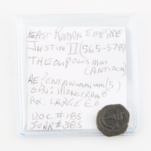 565-578 East Roman Byzantine AE Pentanummium Coin XF Justin II Theoupolis S#385