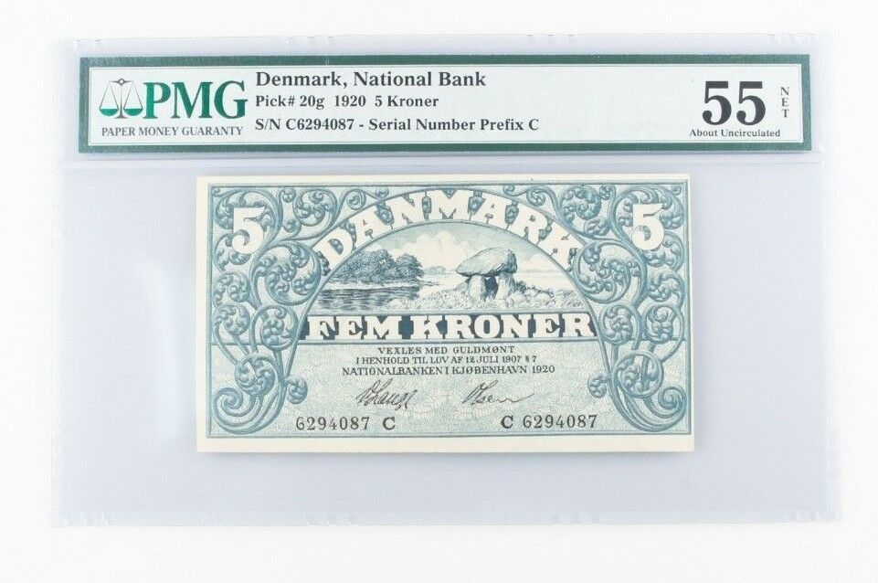 1920 Denmark 5 Kroner Note (AU-55 NET PMG) National Bank Danmark Five Kr P-20g