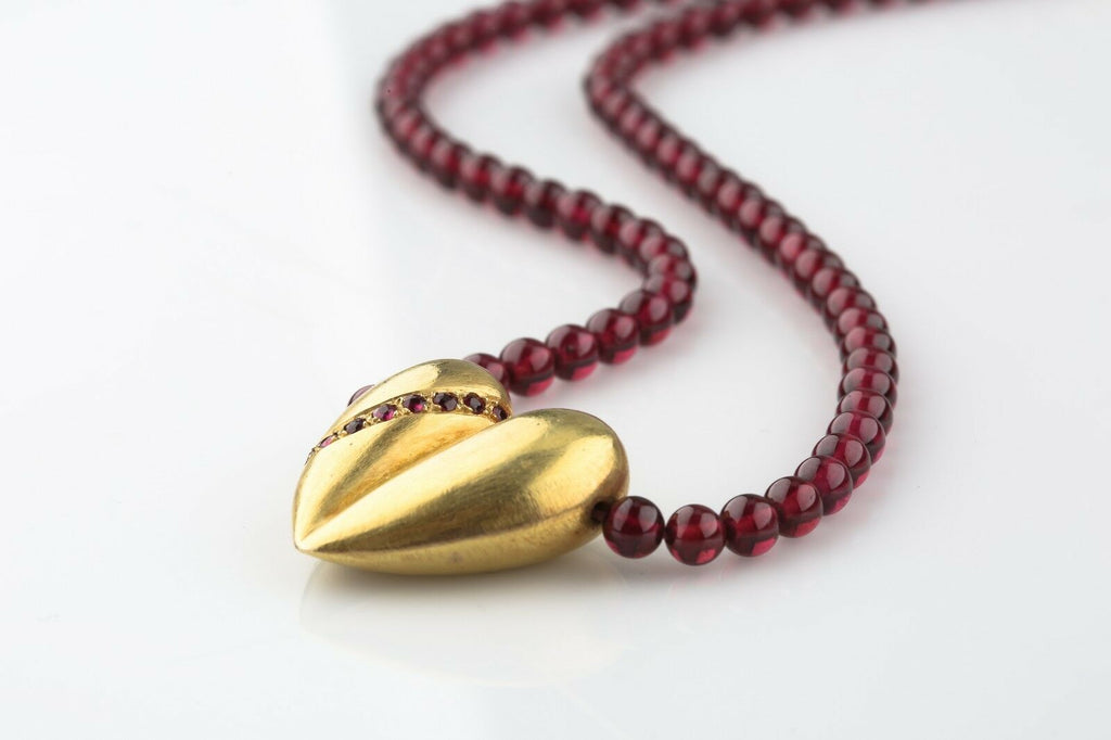 Kieselstein-Cord 18k Gold Heart Necklace w/ Ruby & Sapphire on Garnet Strand