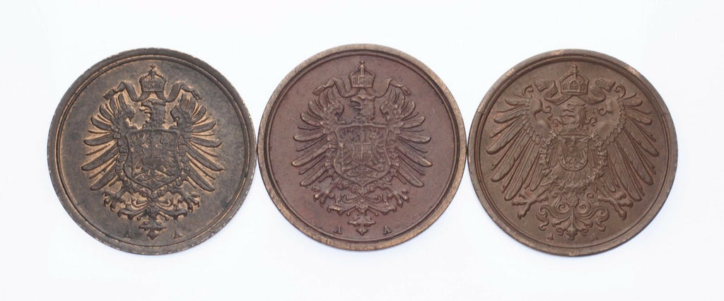 1876-A, 1889-A & 1892-A Germany 1 Pfennig Lot of 3 Coins (XF-AU Condition)