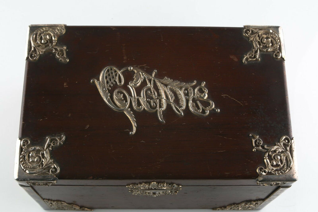 Vintage Wood Cigar Box Humidor w/ Metal Liner & Antique Silverplate Filigree