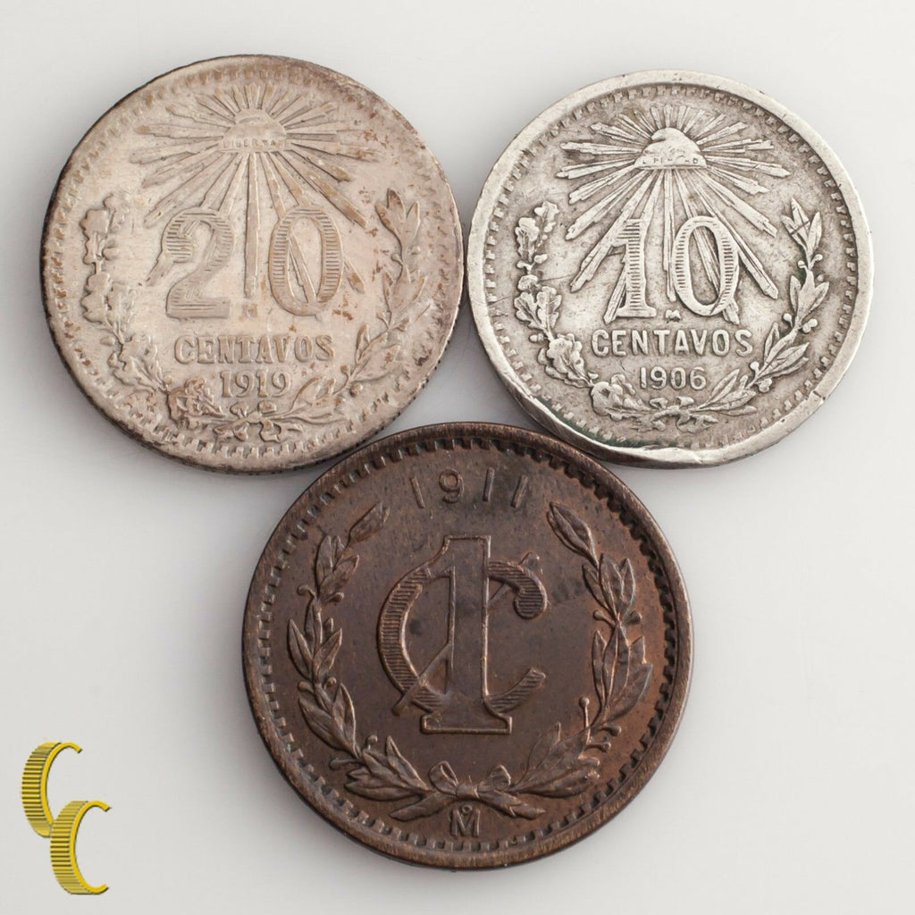 1906, 1911 & 1919 Mexico Centavos 1C, 10C & 20C Lot of 3 Coins