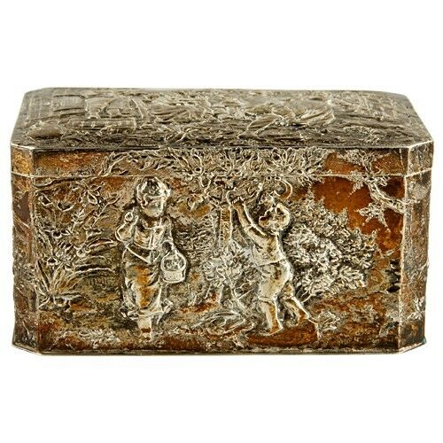 Antique German Hinged Repousse Box 800 Silver Decorated w/ Autumn Scenes 232g