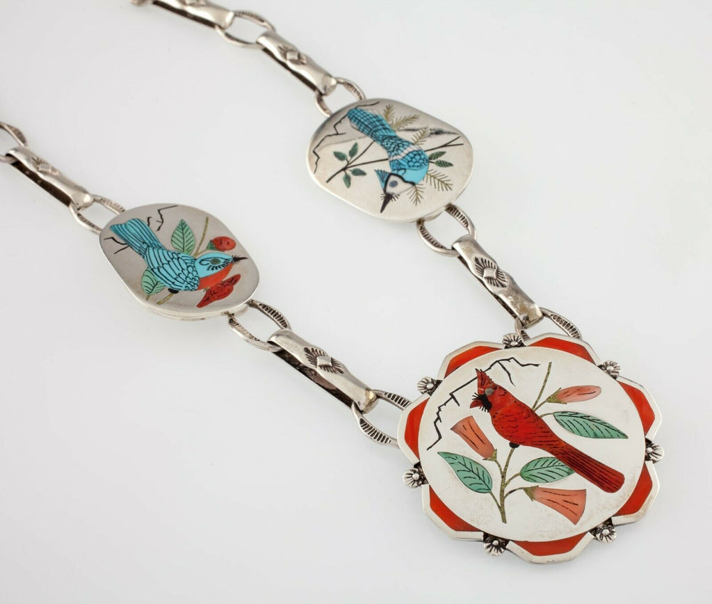 Vintage Harlan & Monica Coonsis Zuni Turquoise & Coral Bird Sterling Necklace