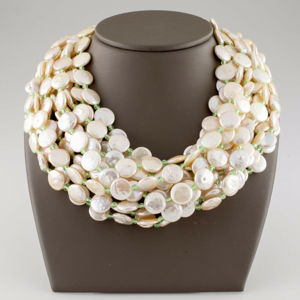 Cristina Ferrare Coin Pearl Multi-Strand Bib Necklace 18k Gold Clasp