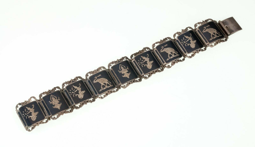 Vintage Thai Silver Siam Niello Enamel Panel Bracelet 6.50"