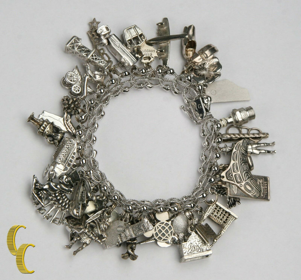 Unique Sterling Silver Charm Bracelet with 35 Charms