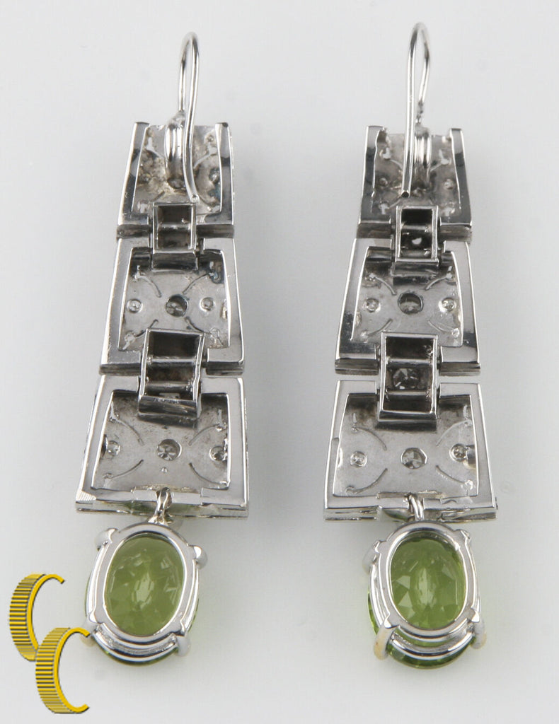 14k White Gold Dangle Earrings with Round Cut Diamonds & Oval Green Peridot Gift