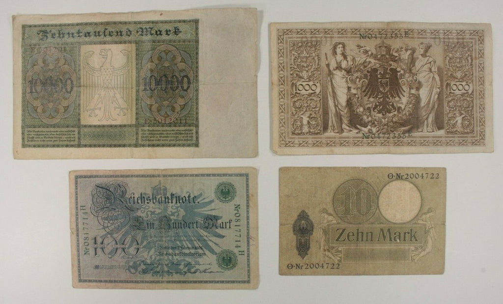 1906-1922 Germany 4-Notes Set // 10 Mark to 10000 Mark
