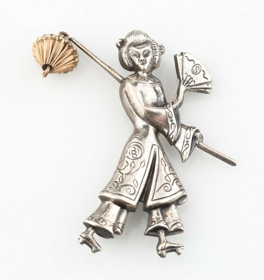 Sterling Silver Dangle Brooch of an Asian Woman with Lantern by Lang