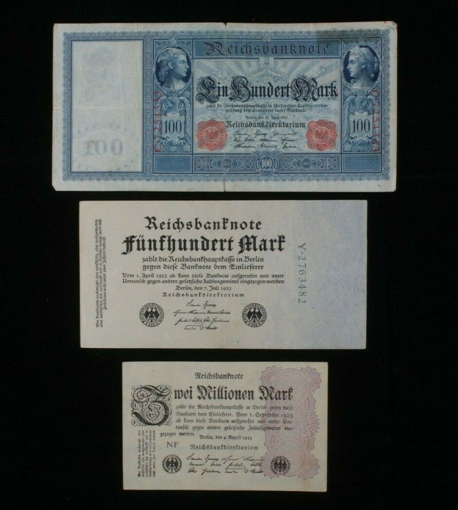 1910-1923 Germany 3-Note // German Empire 100 Mark & Weimar 500 & 2 Million Mark