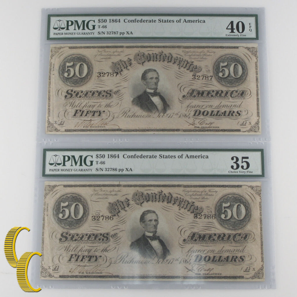 Lot of 2 Sequential 1864 Confederate $50 Graded by PMG as Ch VF-35 & XF-40 EPQ