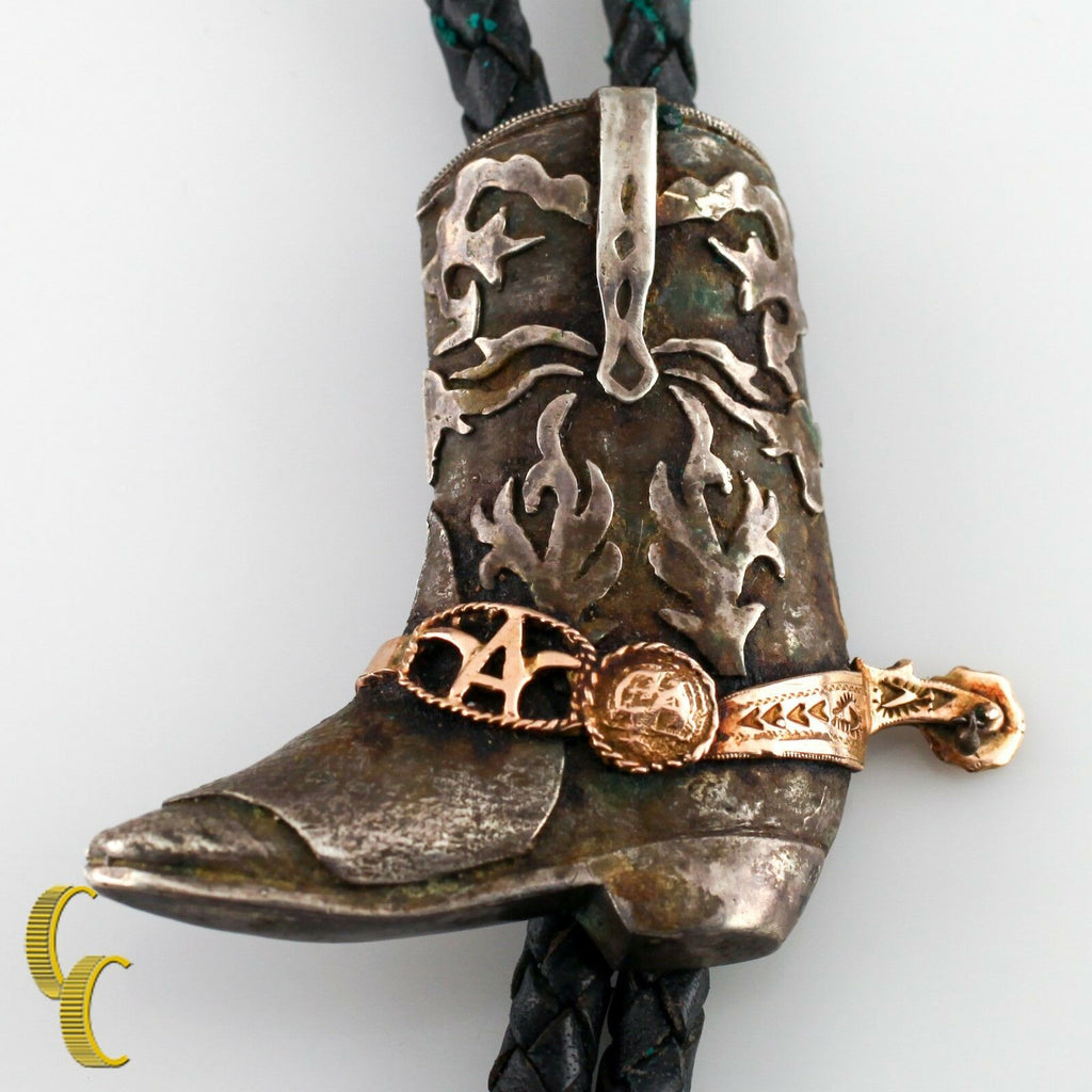 Sterling Silver Bolo Tie Black Leather Cowboy Boot With Spur