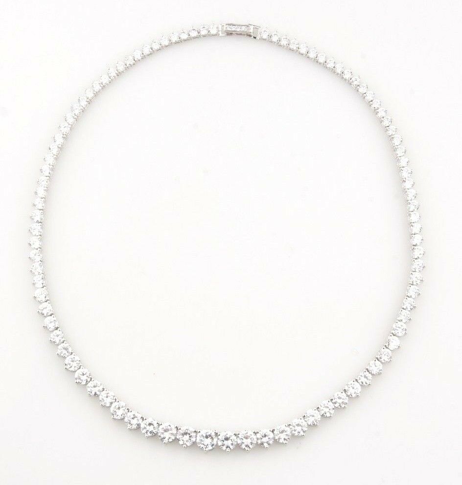 Gorgeous Graduated Rhodium Plated Silver Cubic Zirconia Tennis Necklace, Size 16