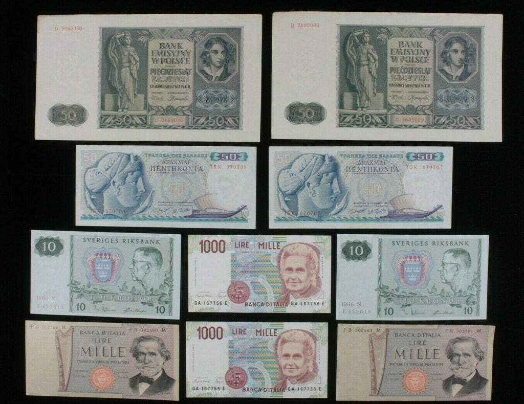 Sequential Serial Numbers 10-Notes Currency Lot // Greece Italy Poland & Sweden
