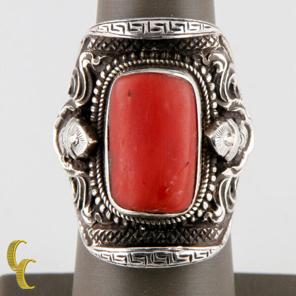 Sterling Silver .925 Ring Coral Stone Urn Trophy Design Unique Gift!