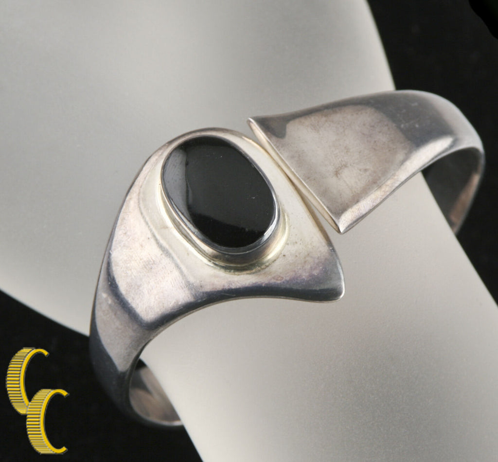 Escorcia .950 Silver Clamper Cuff Bracelet w/ Hinge & Bezel-Set Onyx Cabochon