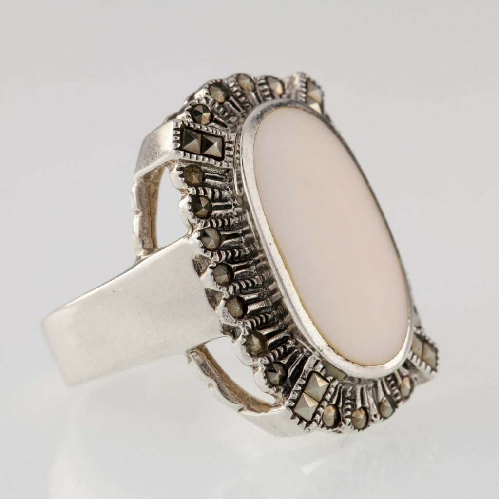 Large Mother of Pearl Sterling Silver Marcasite Ring Size 9