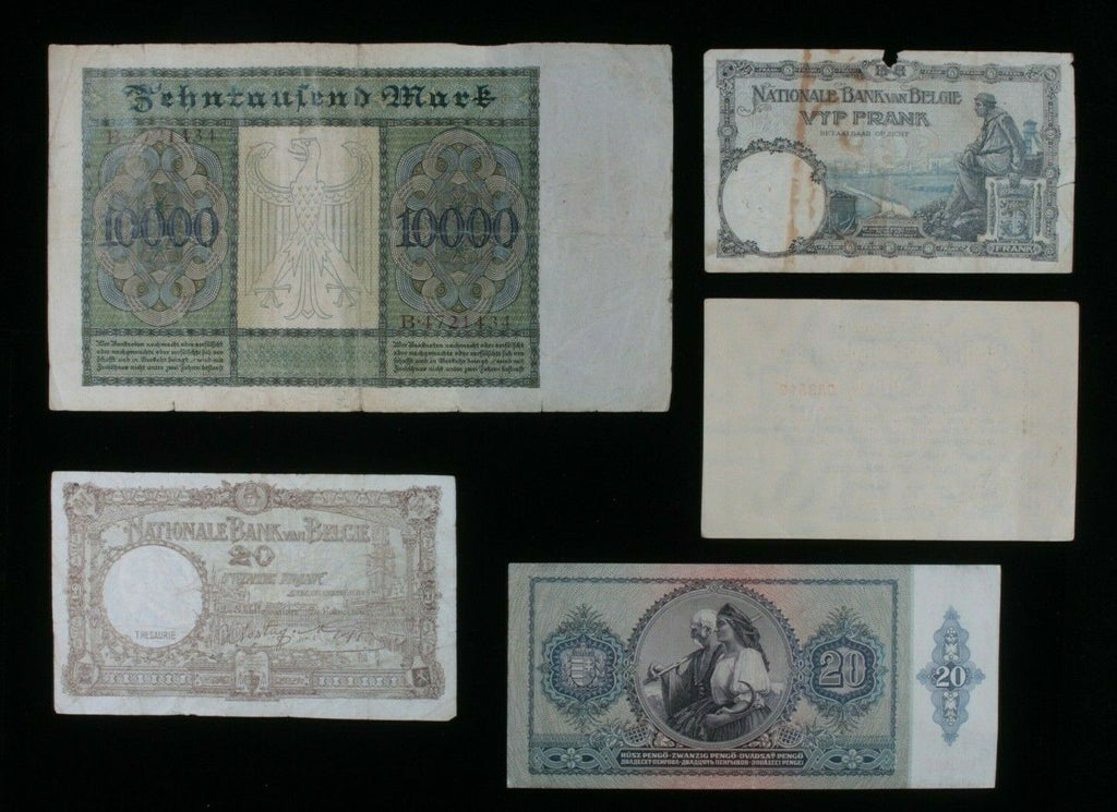 1922-1943 European 5-Note Currency Set // Belgium, Germany & Hungary