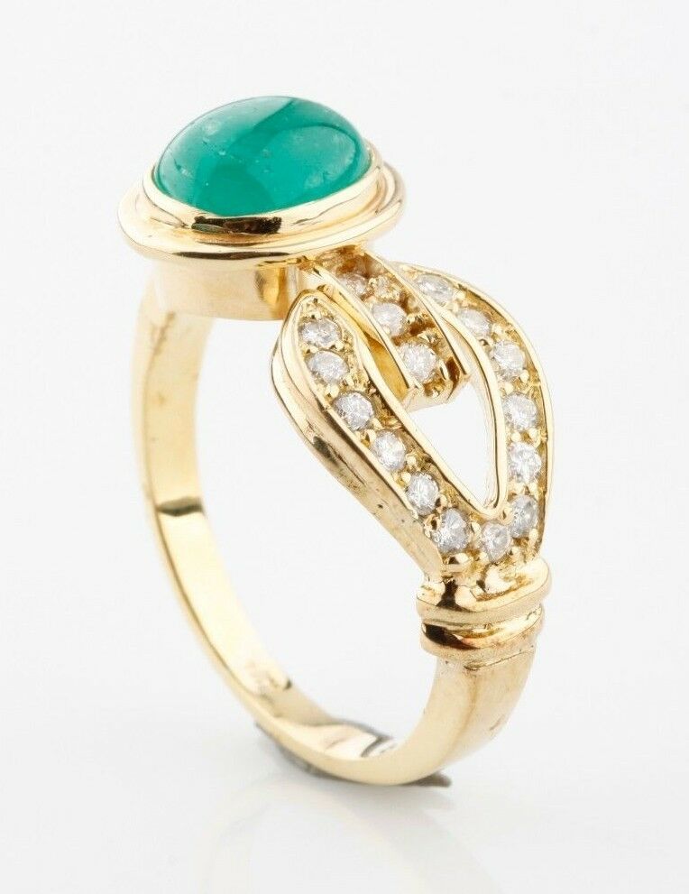 18k Yellow Gold Emerald Cabochon Ring Diamonds Sz 7.75 Beautiful!