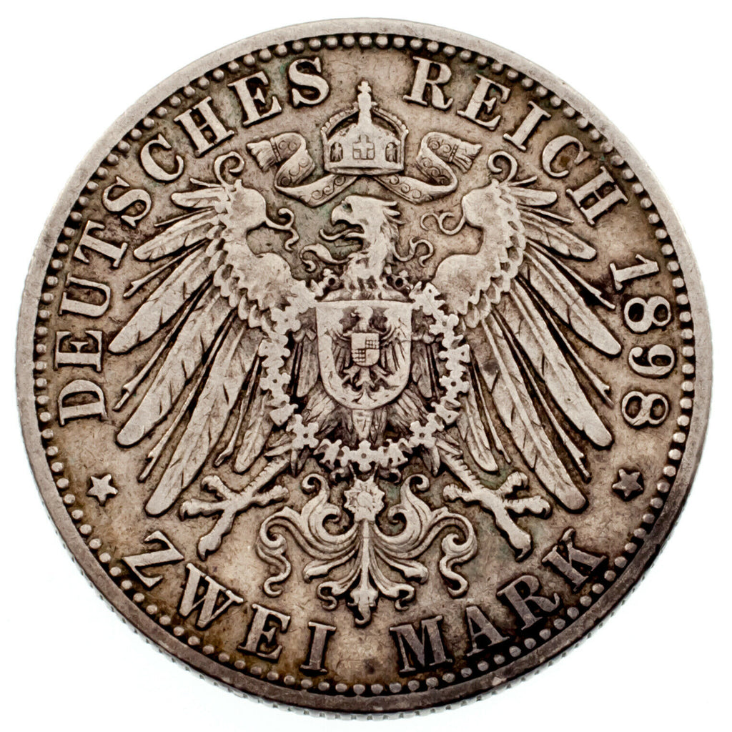 1898 German States Bavaria 2 Mark Silver Coin Fine Condition KM #913