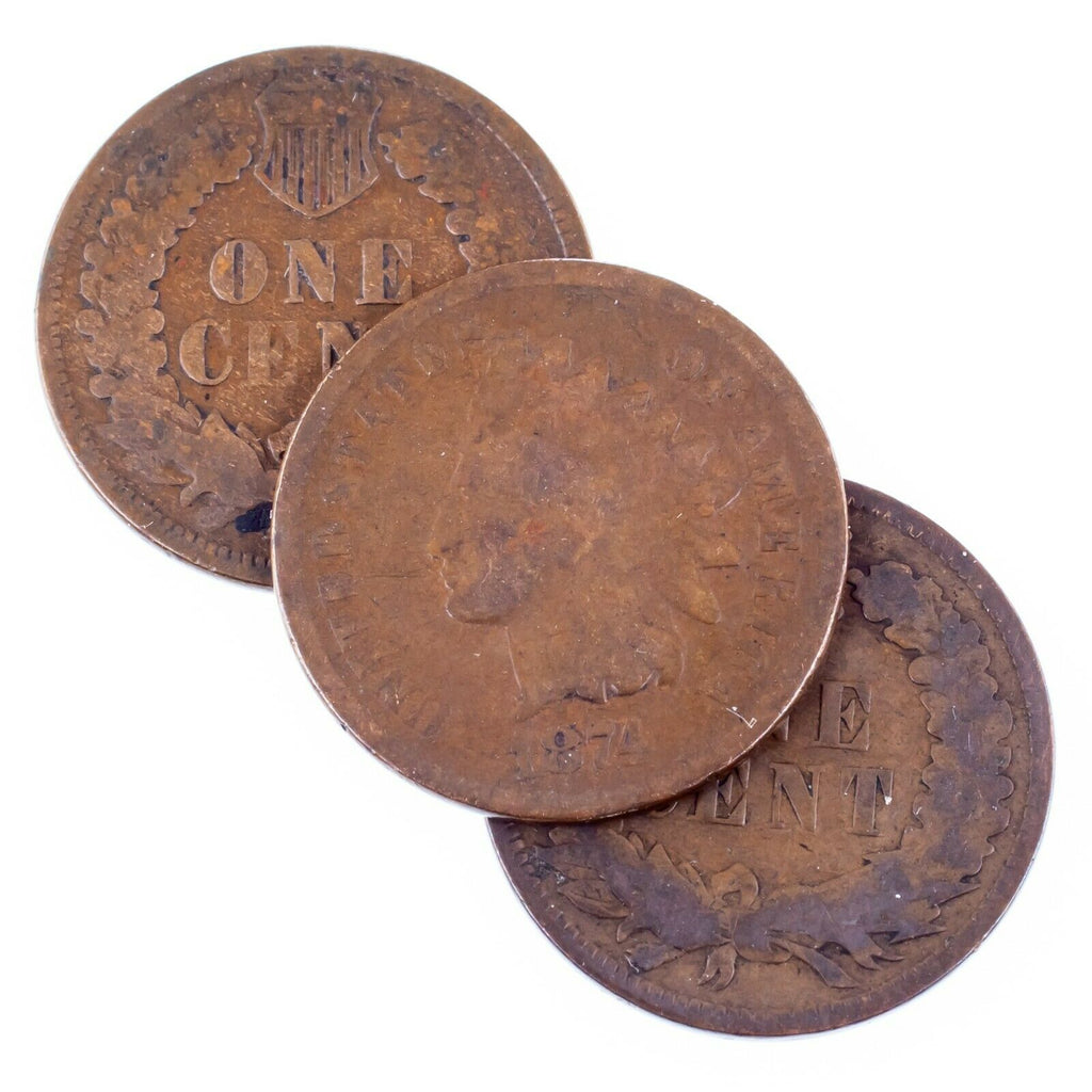 Lot of 3 Indian Cents (1873 Op 3, 1874, 1875) in Good Condition, Brown Color