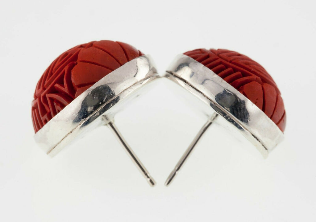 Carved Cinnabar Stud Earrings in Sterling Silver with 14k posts