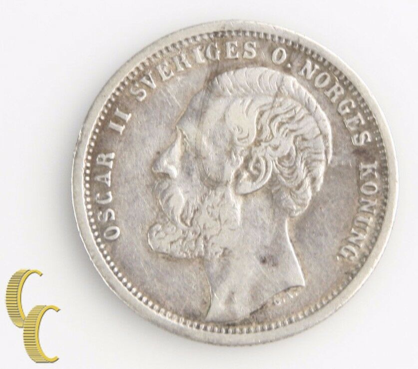 1876-ST Sweden 1 Krona (Very Fine+, VF+) Oscar II Silver Coin One 1Kr KM-741