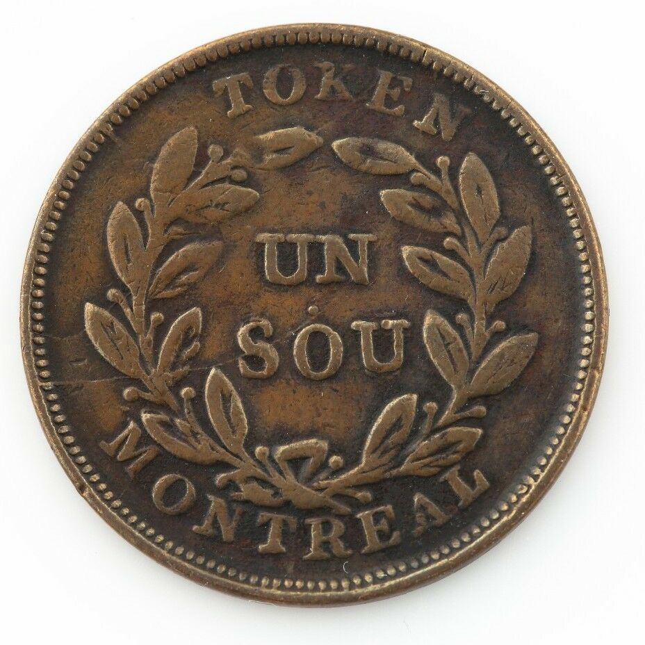 TRADE & AGRICULTURE LOWER CANADA BANK OF MONTREAL TOKEN UN SOUS VERY FINE COPPER