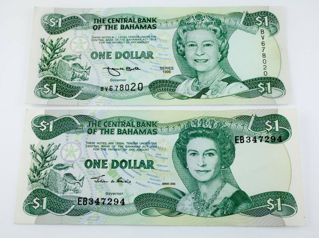 Three (3) Bahamas 1 Dollar Notes // 1996, 2002, 2008 Bills // XF-AU Conditions