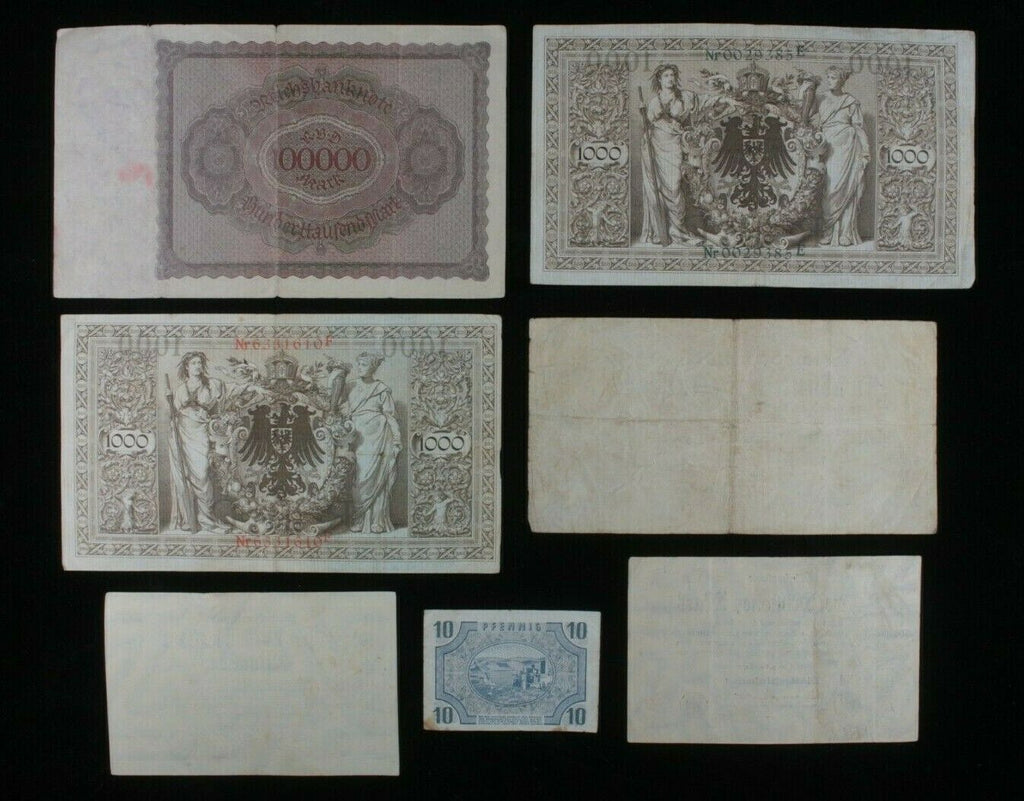 1910-1947 Germany 7-Notes Set // Empire, Weimar Republic & Allied Occupation