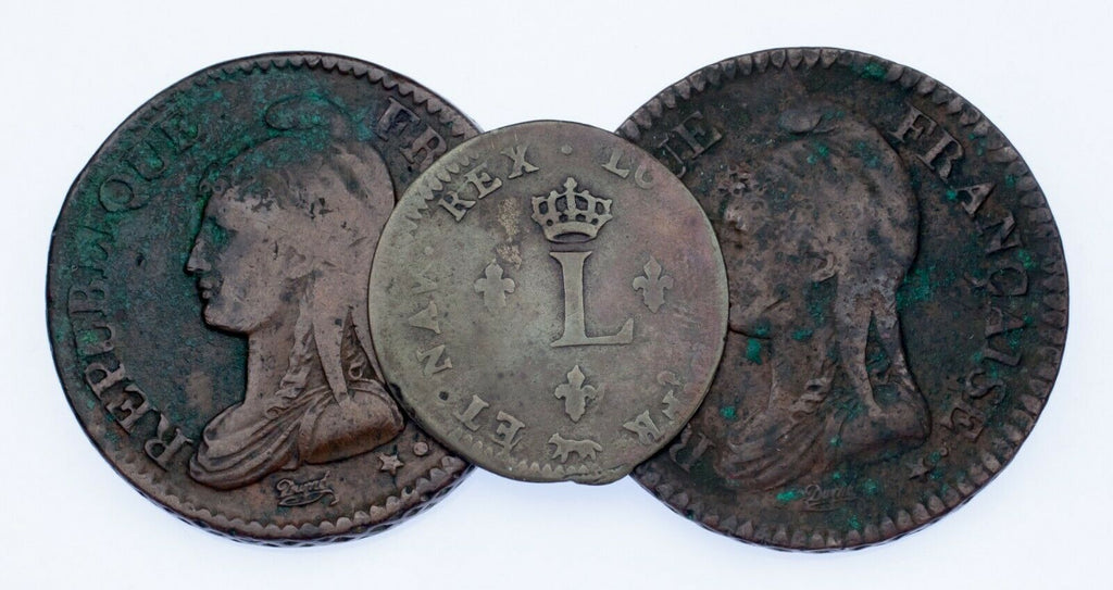 Lot of 3 France Bronze Coins 1754 - 1799 VF Condition