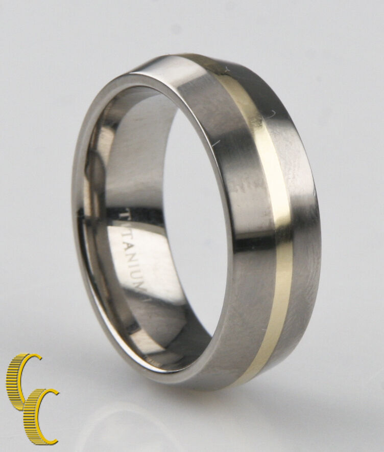 Titanium Yellow Gold 14k Wedding Band, Two Tone Beveled Edge Ring Size 8