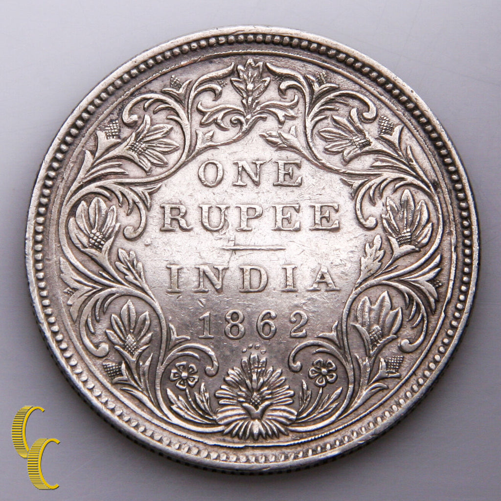 1862 India Silver Rupee Bombay Mint Bust A, Type II Reverse KM #473.1