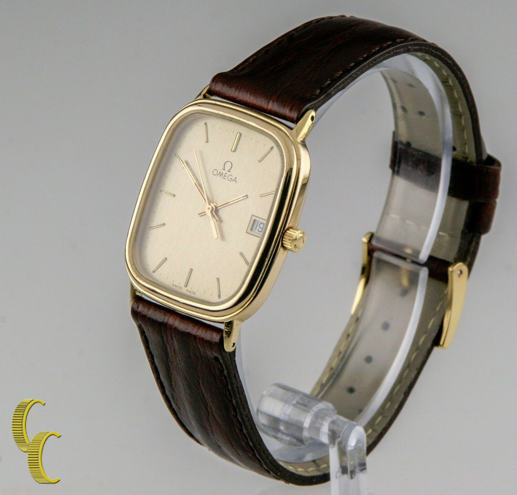 Omega Ω Men's Gold-Plated Quartz Watch w/ Date Feature and Leather Band