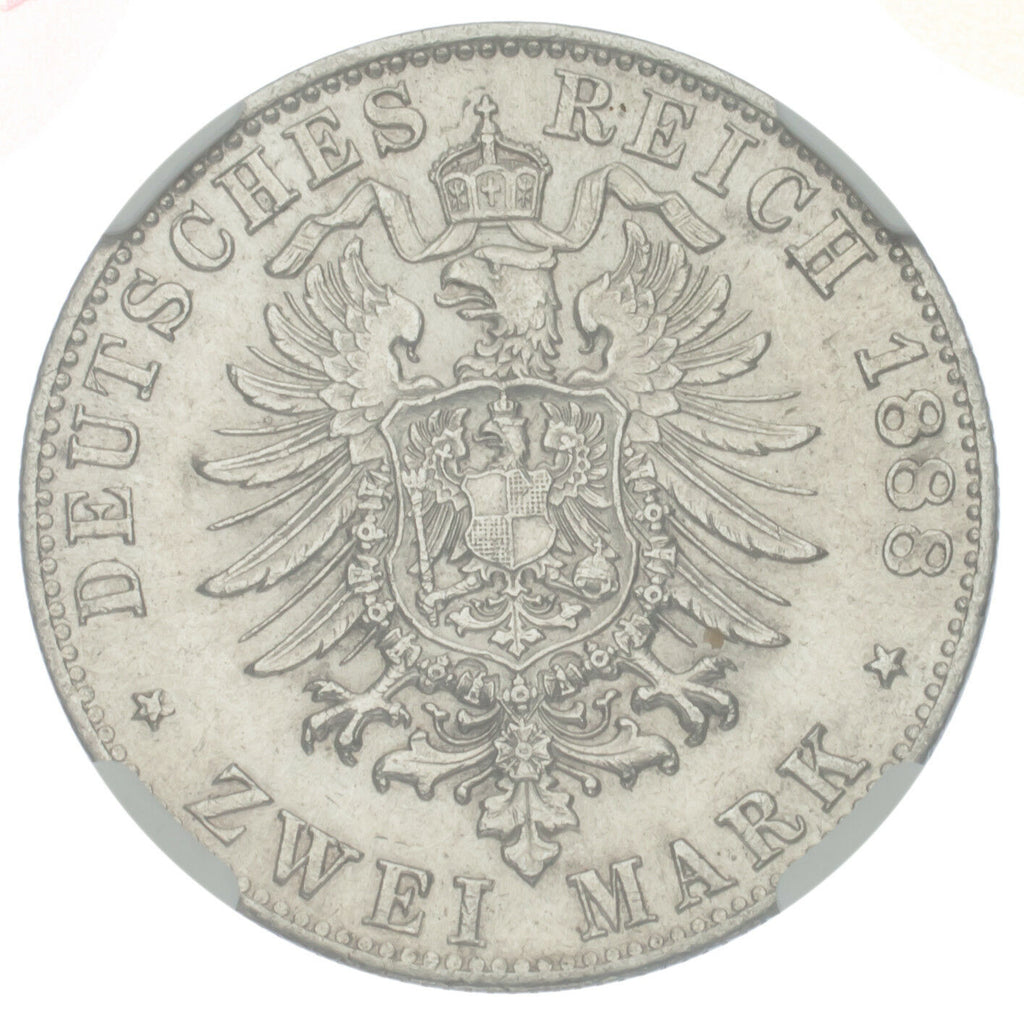1888 J Germany 2 Mark 2M Silver Coin Hamburg NGC Graded UNC Details