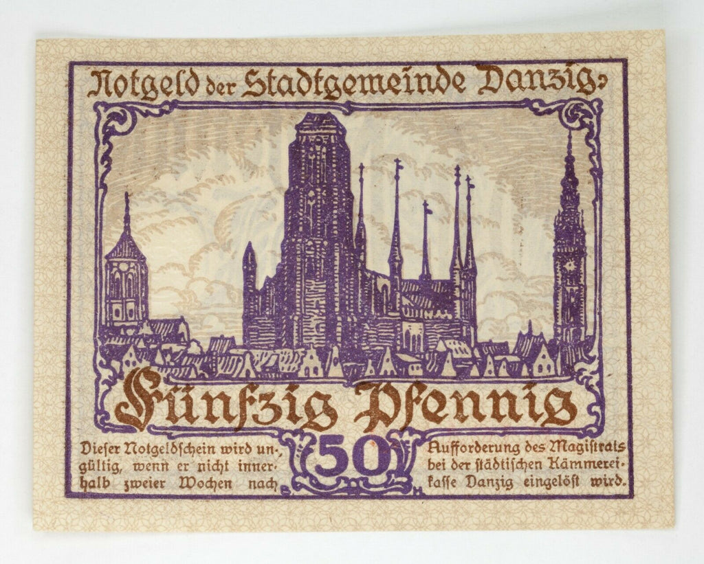 1919 Free City of Danzig 50 Pfennig Notgeld (Almost Uncirculated) Gdansk Poland