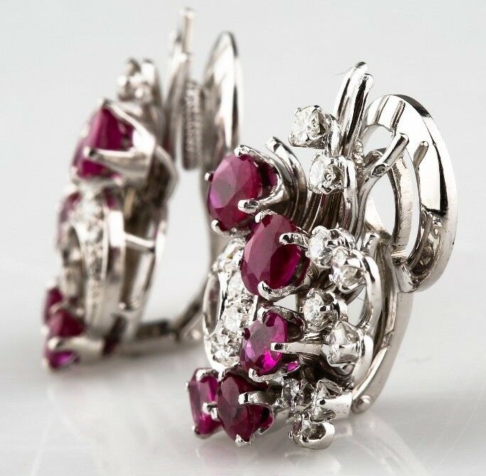 14K WHITE GOLD RUBY AND DIAMOND CLIP-ON EARRINGS *BEAUTIFUL PIGEON BLOOD COLOR**