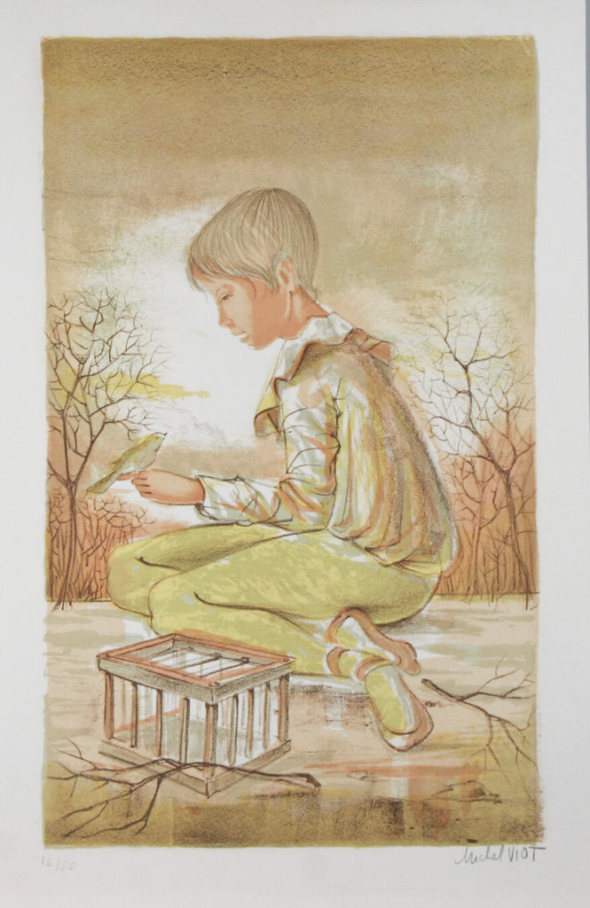 "Boy With Bird Cage" By Michel Viot Lithograph On Paper Limited Ed. of 50