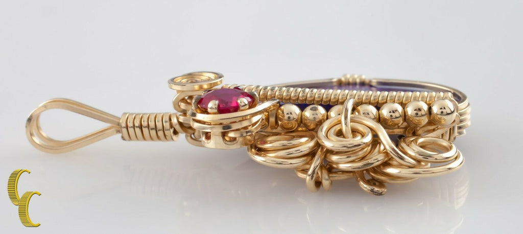 Handmade Art Deco Gold Filled Wire Coil Lapis Lazuli & Pink Tourmaline Pendant