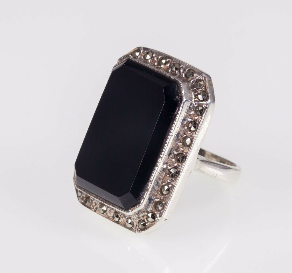 Rectangular Onyx and marcasite Sterling Silver Ring SZ 6
