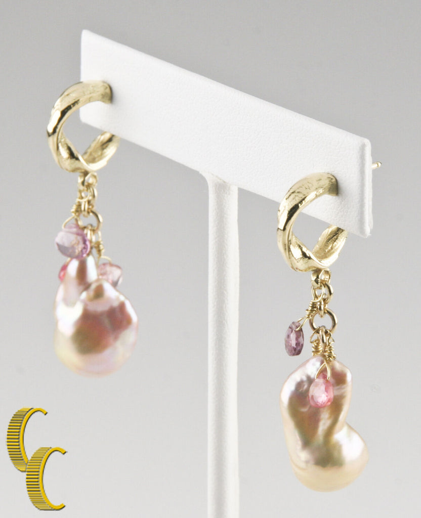 Baroque Pearl and Briolette Gemstone 14k Yellow Gold Dangle Earrings