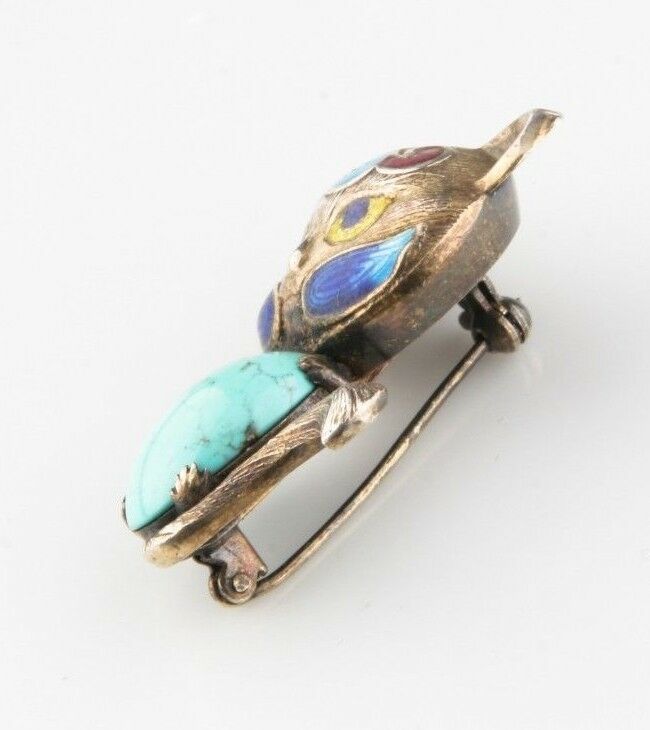 Vintage Silver Cat Enamel & Turquoise Brooch Nice Toning Great Condition!