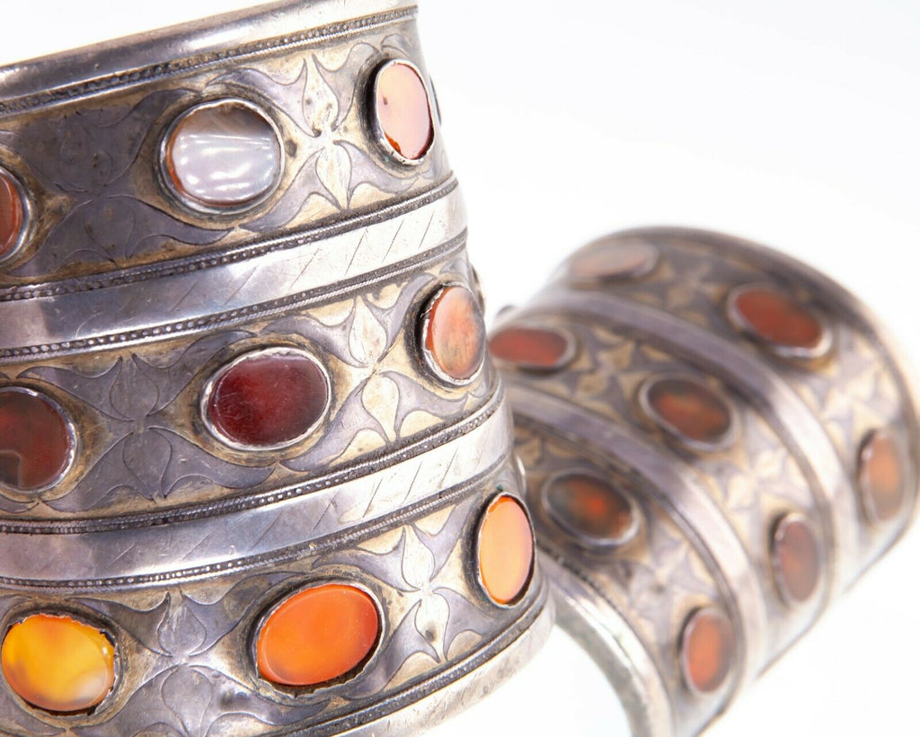 Antique Pair of Wide Turkmen Turkoman Carnelian Silver Cuff Bracelets