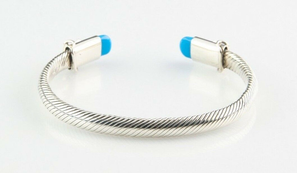 Sterling Silver Cable Cuff Bracelet w/ Blue Accents 7" Long 6 mm Wide 29.0 g