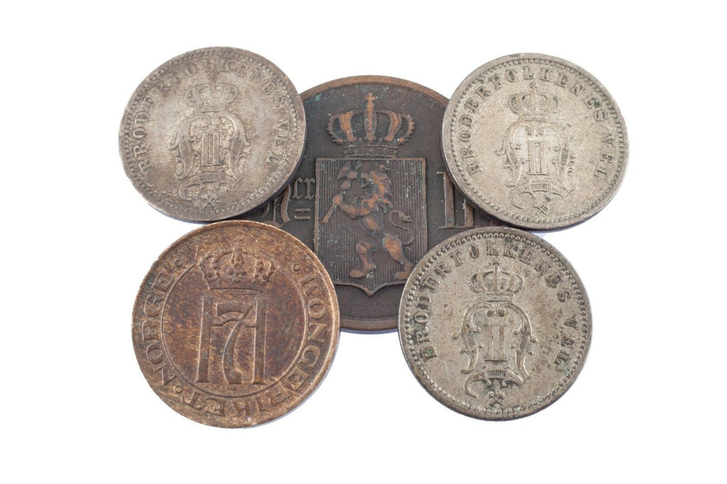 Lot of 5 Norway Coins 1876 - 1910 1 Ore - 10 Ore Various Conditions